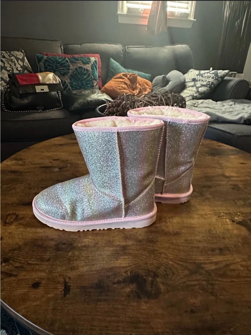 UGG Kids Glitter Sparkle Boots - Silver with Pink Trim